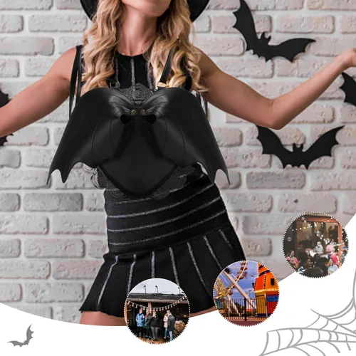 Vista 6 de Oweisong Bolso de Halloween para mujer, con alas de murciélago, gótico, color negro, mochila gótica, de cuero, con tela de araña, bolsa de hombro