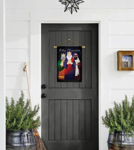 Vista 3 de Bandera de jardín de Feliz Navidad, decoración de pared para tres reyes, tapiz religioso para la temporada de la santa familia, letrero de puerta