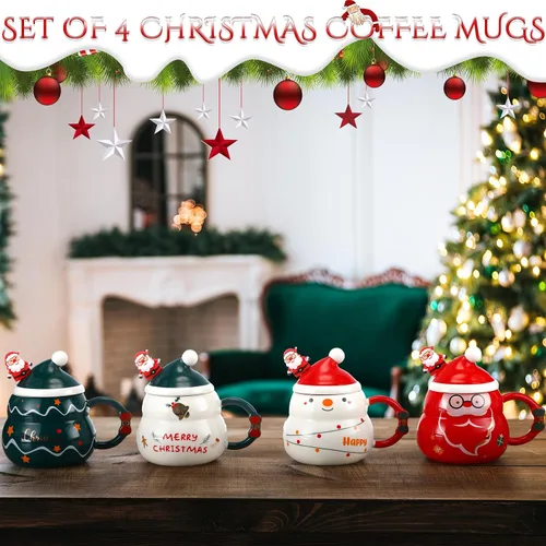 Vista 7 de Yaomiao 4 Tazas de Navidad con Tapa de Gorro de Santa y Cuchara 16 oz Taza de Café de Cerámica Linda de Navidad Árbol Festivo Campana Santa Muñeco