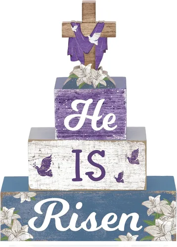 Vista 8 de 4 piezas de decoración de mesa de Pascua con texto en inglés «Happy Easter Every Bunny», letrero de madera de conejito pastel, bloques de madera