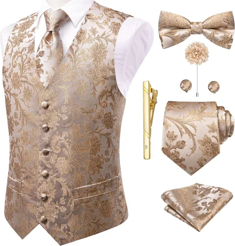 Vista 48 de Hi-Tie Chaleco de traje de seda para hombre, corbata y corbatín de solapa, clip de corbata dorado, chaleco floral de cachemira, 8 piezas, conjunto