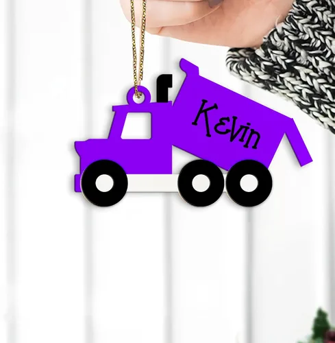 Vista 4 de Adorno de árbol de Navidad con nombre personalizado de madera para camión volquete, camión de transporte, equipo pesado, minicargadora, adorno