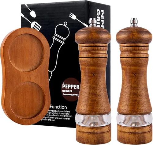Vista 8 de Juego de molinillo de sal y pimienta, 2 piezas de molinillo de pimienta de roble con soporte, molinillo de cerámica ajustable de 6 pulgadas