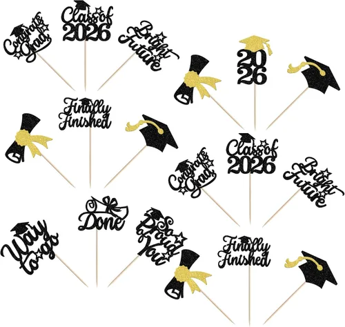 Vista 3 de 30 piezas de decoración para cupcakes de graduación para la clase de 2026 con purpurina brillante para el futuro diploma hecho 2026 Felicidades