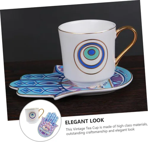 Vista 7 de Turkish Ceramic Coffee Cup and Saucer Set 120ml Retro Coffee Mug Household Tea Cup with Evil Eye Pattern for Afternoon Tea and Home Use