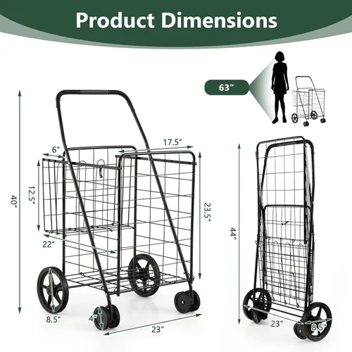 Vista 6 de Goplus Carrito de compras plegable jumbo con ruedas giratorias, carrito de compras plegable sobre ruedas con doble cesta, carrito de utilidad
