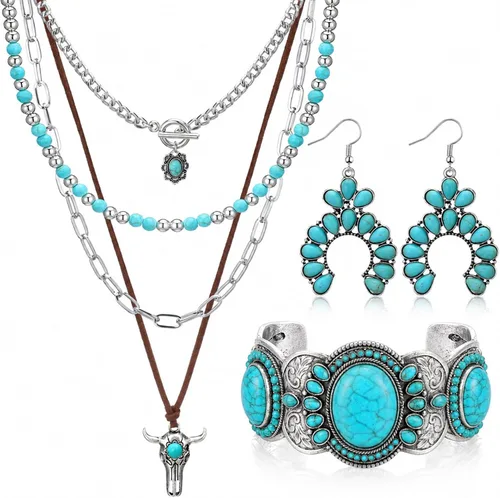 Vista 9 de 3 piezas de joyería boho occidental para mujer, conjunto de joyas de turquesa, aretes vintage, pulsera, collar bohemio occidental para mujer Negro