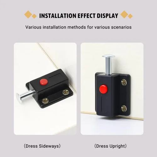 Vista 6 de MroMax Pestillo de perno de puerta con resorte, cierre deslizante de plástico ABS negro con botón de interruptor para puerta, gabinete, accesorios