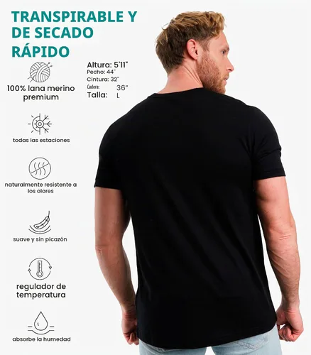 Vista 2 de Camiseta 100% de lana merino para hombre - Camiseta interior de capa base Tinta negra