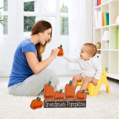 Vista 5 de Juego de letreros personalizados de bloques de calabaza con chispeantes para Halloween, bandeja escalonada, decoración de chimenea, regalo familiar