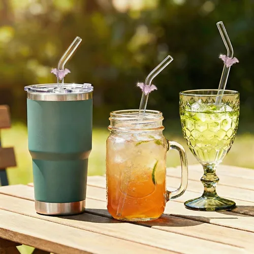 Vista 6 de Pajitas de cristal hechas a mano con dije de murciélago – Pajitas de borosilicato dobladas reutilizables de 9 pulgadas para vasos de 16 oz/20 onzas