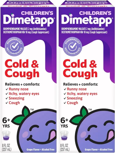 Vista 7 de Medicina para resfriado y tos de Dimetapp para niños, antihistamínico, nariz mocosa, estornudos, ojos picazón, aguados, sabor uva, sin alcohol