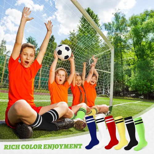 Vista 7 de 6 pares de calcetines de fútbol para niños pequeños transpirables sobre la rodilla para niños, calcetines de tubo a rayas, calcetines de fútbol