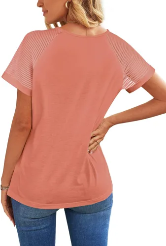 Vista 5 de WEESO - Camisetas informales con cuello en V para mujer, diseño elegante de manga corta con malla