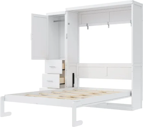 Vista 6 de Cama Murphy de tamaño matrimonial con armario de almacenamiento, ropa y 3 Blanco