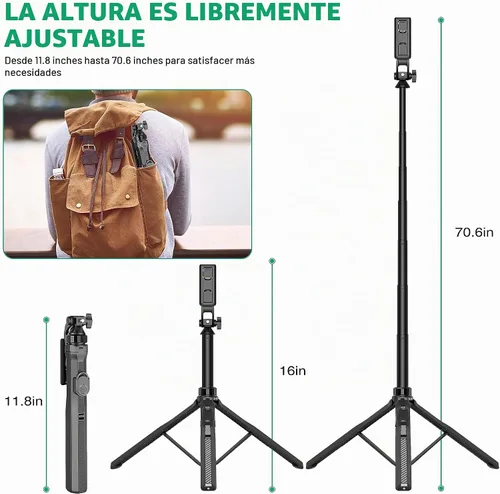 Vista 6 de Soporte de teléfono de 70.6 pulgadas y trípode para selfies, soporte de celular extensible con control remoto y soporte para teléfono