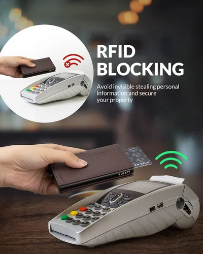 Vista 5 de VULKIT Tarjetero con ventana de identificación tarjetas emergentes cartera delgada de cuero con protección RFID hasta 12 tarjetas Marrón oscuro