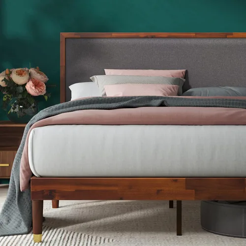 Vista 13 de Zinus Deluxe cama de madera estilo de medio siglo con cabecero, sin necesidad de colchon de resortes, Pino, Marrón