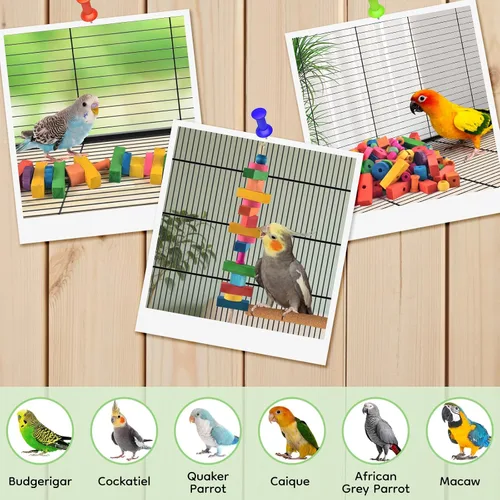 Vista 7 de DBNESS Juguetes para pájaros para loros, 165 piezas de juguete colorido para masticar, multiforma, bloques de madera, manualidades, pájaros, jaula