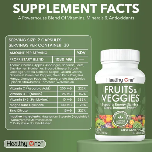Vista 2 de Healthy One - Suplemento de frutas y verduras, 27 superalimentos, vitaminas de frutas y verduras para adultos, píldoras de frutas y verduras