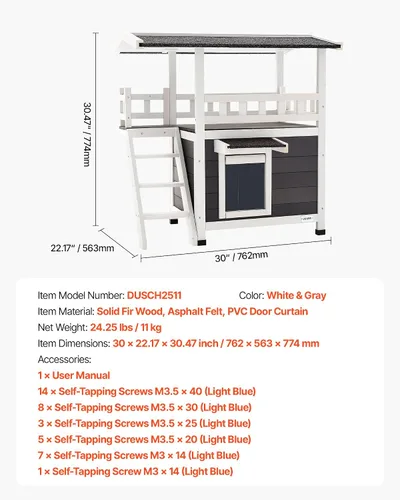 Vista 7 de VEVOR Casa para gatos al aire libre, refugio de madera para gatos de 2 pisos con escaleras y balcón, refugio elevado para gatitos, habitación