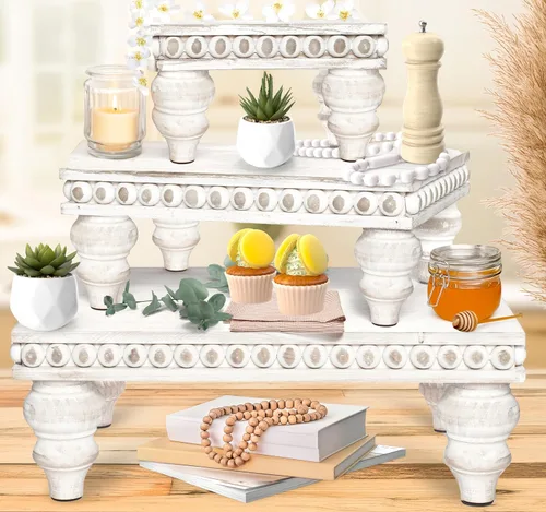 Vista 10 de Bandeja decorativa [Juego de 3] bandejas escalonadas de madera, bandeja decorativa para uso de mesa, isla de cocina, barra de café, elevadores