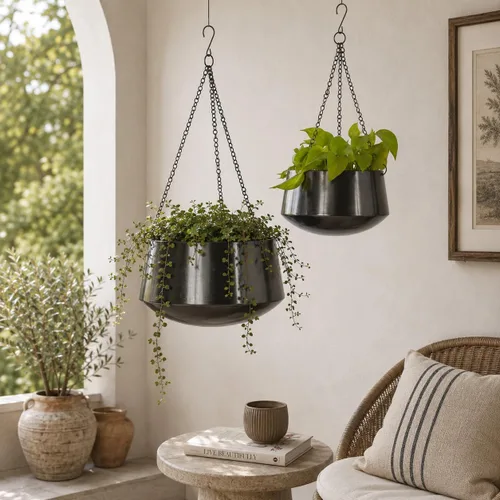 Vista 3 de Deco 79 Macetero de metal para interiores y exteriores, maceta colgante con cadena, juego de 2 colgadores de 5 pulgadas, 7 pulgadas de alto