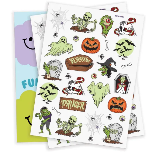 Vista 2 de xo, Fetti Tatuajes temporales de Halloween para niños, 40 estilos de tatuajes que brillan en la oscuridad, decoraciones de Halloween, esqueletos
