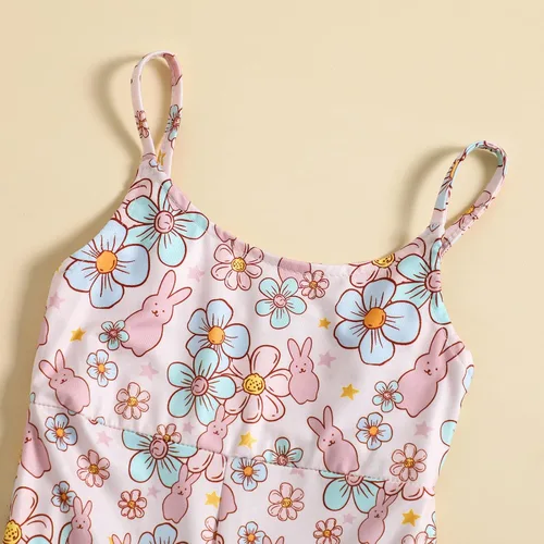 Vista 4 de Hantleiftov Traje de Pascua para bebé, sin mangas, con estampado de huevo de conejo, con correa, parte inferior acampanada, ropa de verano