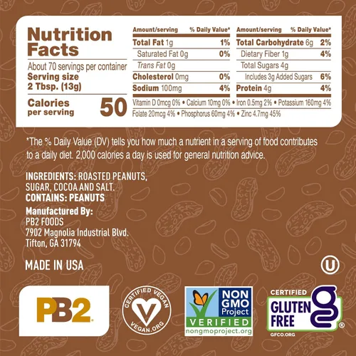 Vista 2 de PB2 Mantequilla de cacao de chocolate en polvo con cacao – 0.14 oz de proteína, 90% menos grasa, certificado sin gluten, solo 50 calorías por
