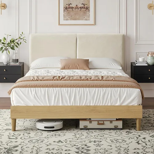 Vista 10 de VECELO Marco de cama tamaño individual tapizado, plataforma con cabecero de algodón y lino ajustable en altura, listones de madera de alta