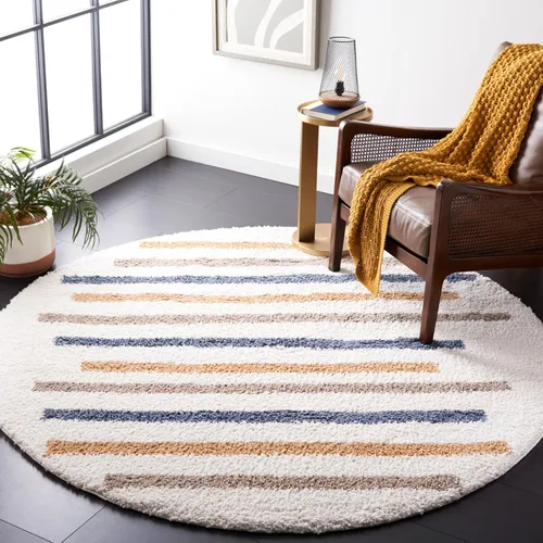 Vista 9 de SAFAVIEH Calico Shag Collection - Alfombra para pasillo, 2 pies 2 pulgadas x 8 pies, color marfil y dorado, diseño a rayas, no desprende pelusa