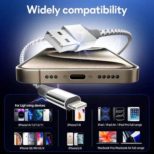 Vista 5 de MenoSupp - Cable de carga para iPhone, 3 unidades, 10 pies, certificado MFi, cable Lightning de nailon trenzado de carga rápida, compatible
