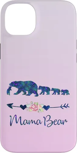 Vista 15 de Funda para iPhone 16, diseño floral de mamá oso de cuatro cachorros, color verde azulado y morado
