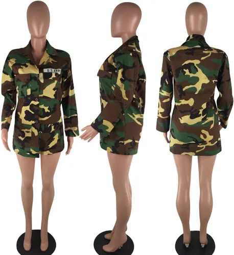 Vista 4 de Chaqueta de safari para mujer, de talla grande, con estampado de camuflaje militar, abrigo de safari