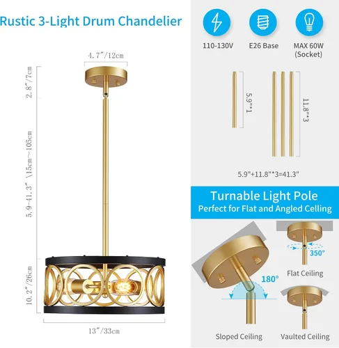 Vista 4 de XINGQI Candelabro moderno de 3 luces, lámpara colgante de 13", altura ajustable, accesorios de iluminación para comedor, dormitorio, sala de estar
