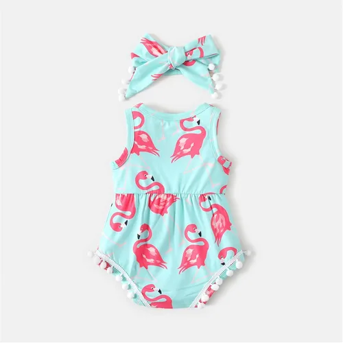 Vista 2 de PATPAT Mameluco floral sin mangas con borlas y pompón para bebé, conjunto con diadema de 0 a 18 meses