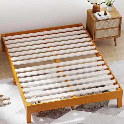 Vista 9 de BLKMTY Marco de cama de madera, cama de tamaño individual, sin plataforma de cabecero, con espacio de almacenamiento inferior, fácil montaje,