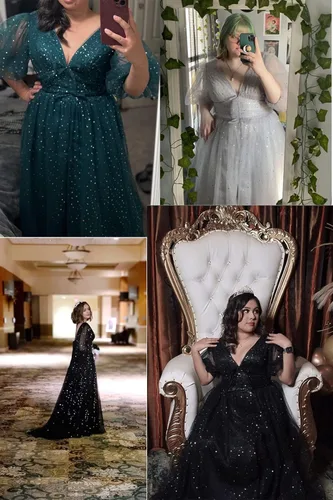 Vista 5 de Xijun - Vestidos de fiesta de tul estrellado brillante para mujer, diseños formales con manga farol para graduación, vestidos de noche con abertura