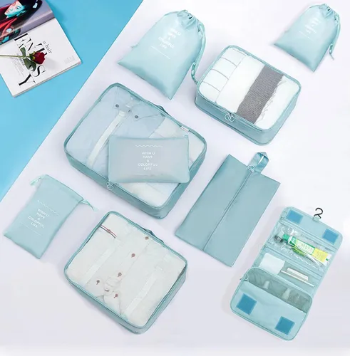 Vista 3 de GuaziV Juego de 9 cubos de embalaje bolsas de equipaje de viaje con bolsa de aseo colgante azul