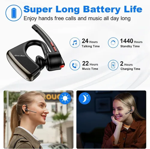 Vista 3 de New Bee Auricular Bluetooth V5.2 Auriculares inalámbricos Bluetooth 24 horas de conversación CVC8.0 Dual Mic Cancelación de ruido