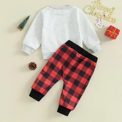Vista 6 de Conjunto de sudadera de manga larga con estampado de letras y pantalones deportivos a cuadros, 2 piezas para otoño e invierno