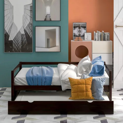 Vista 3 de P PURLOVE Sofá cama de tamaño individual con marco de cama nido, sofá cama de madera para sala de estar, habitación de invitados, dormitorio