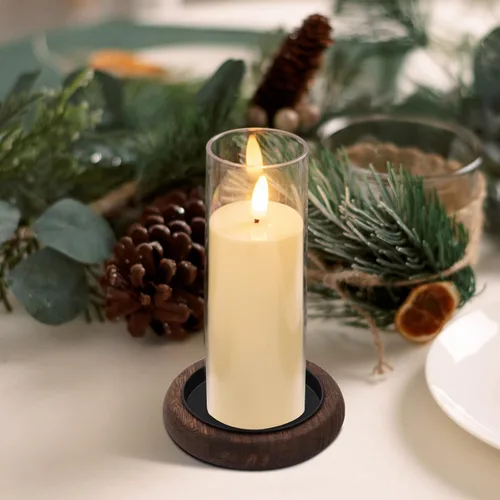 Vista 2 de Hatway Portavelas de madera, decoración de granja, bandeja de velas de pilar de madera para centro de mesa, bandeja decorativa pequeña, elevador