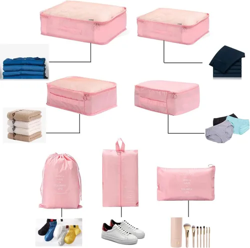 Vista 2 de Juego de 7 cubos de equipaje de viaje, organizador de equipaje para maleta, juego de bolsas para artículos esenciales de viaje, accesorios de viaje