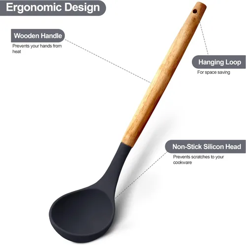 Vista 5 de LDC - Juego de utensilios de cocina de silicona de 35 piezas con soporte, silicona de grado alimenticio sin BPA, asas de madera resistentes al Gris
