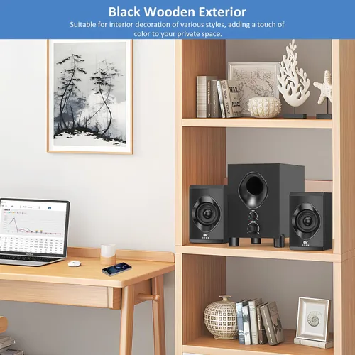 Vista 4 de Altavoces Bluetooth para computadora OROW, altavoz de PC con subwoofer, altavoces inalámbricos de 18W con perilla frontal, compatibles con AUX