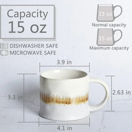Vista 2 de Bosmarlin Juego de 2 tazas de café medianas de cerámica, 15 onzas, taza de té grande de cerámica para oficina y hogar, apta para lavavajillas y Beige
