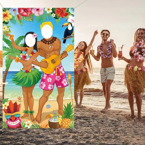 Vista 5 de Capoda Decoraciones de fiesta hawaiana Luau Pareja Photo Prop Hawaiian Photo Background Fondo Tropical Beach Prop Pareja Puerta Banner para Verano