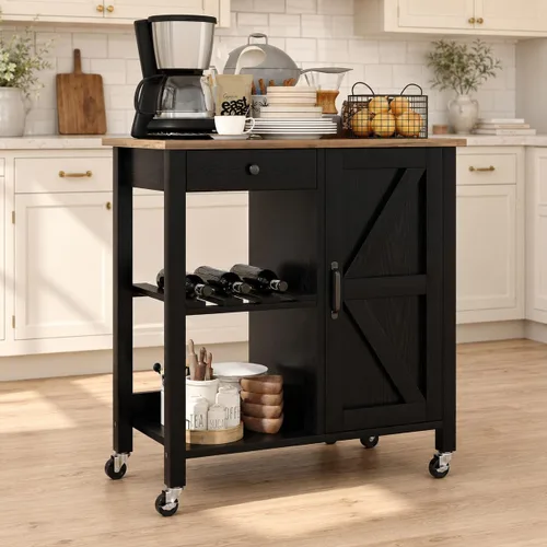 Vista 8 de Carrito pequeño de isla de cocina con ruedas con mesa de madera de 31.4